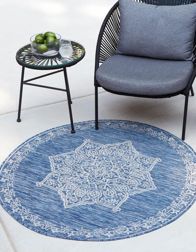 Blue 4' 1 x 4' 1 Outdoor Traditional Round Area Rug Weather Resistant for Patio, Deck, Terrace, Balcony, Porch Classical Design Outside Carpet for Sale at Rug Engine