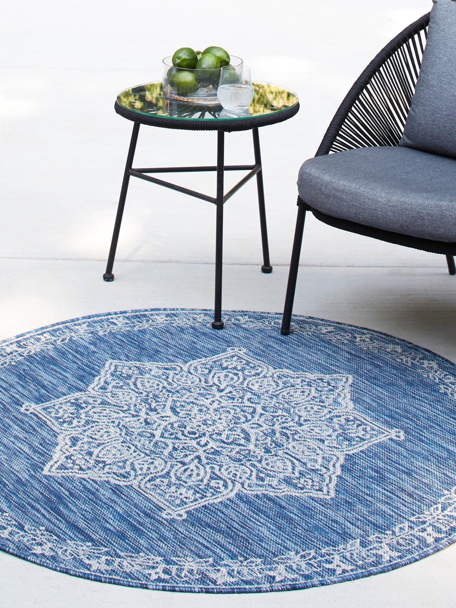 Blue 10' x 10' Outdoor Traditional Round Area Rug Weather Resistant for Patio, Deck, Terrace, Balcony, Porch Classical Design Outside Carpet for Sale at Rug Engine