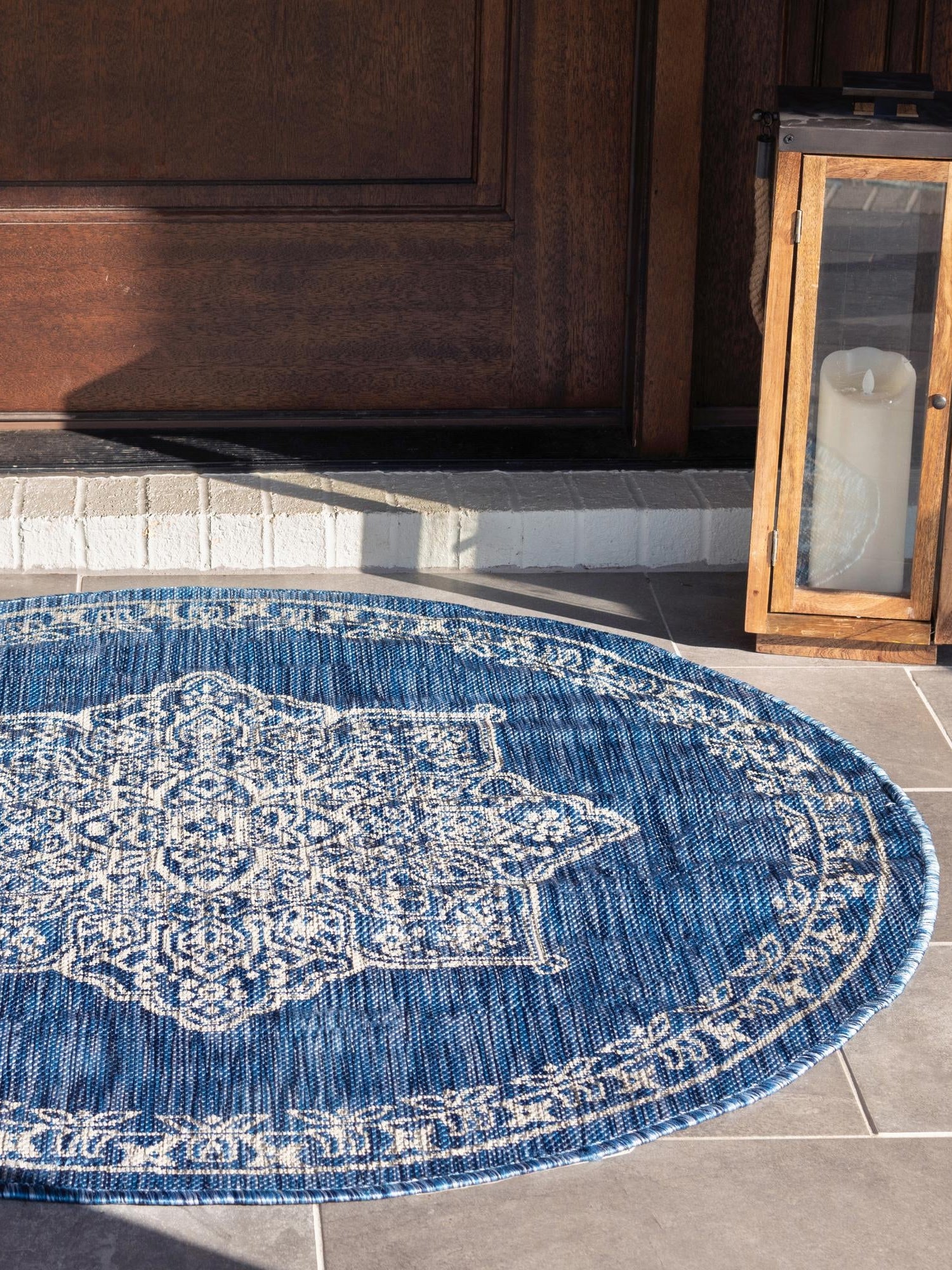 Blue 5' 3 x 5' 3 Outdoor Traditional Round Area Rug Weather Resistant for Patio, Deck, Terrace, Balcony, Porch Classical Design Outside Carpet for Sale at Rug Engine