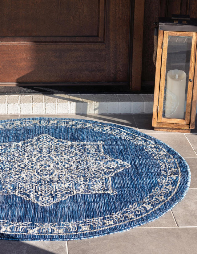 Blue 7' 10 x 7' 10 Outdoor Traditional Round Area Rug Weather Resistant for Patio, Deck, Terrace, Balcony, Porch Classical Design Outside Carpet for Sale at Rug Engine