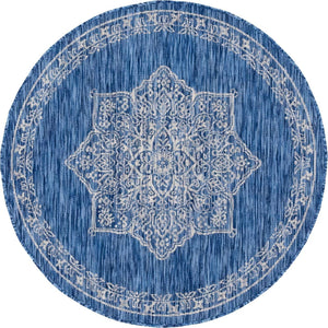 Blue 4' 1 x 4' 1 Outdoor Traditional Round Area Rug Weather Resistant for Patio, Deck, Terrace, Balcony, Porch Classical Design Outside Carpet for Sale at Rug Engine