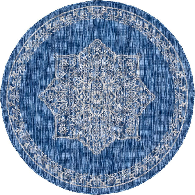 Blue 4' 1 x 4' 1 Outdoor Traditional Round Area Rug Weather Resistant for Patio, Deck, Terrace, Balcony, Porch Classical Design Outside Carpet for Sale at Rug Engine
