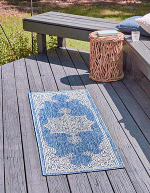 Blue 2' x 8' Outdoor Traditional Runner Area Rug Weather Resistant for Patio, Deck, Terrace, Balcony, Porch Classical Design Outside Carpet for Sale at Rug Engine