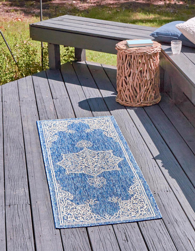 Blue 2' 7 x 10' Outdoor Traditional Runner Area Rug Weather Resistant for Patio, Deck, Terrace, Balcony, Porch Classical Design Outside Carpet for Sale at Rug Engine