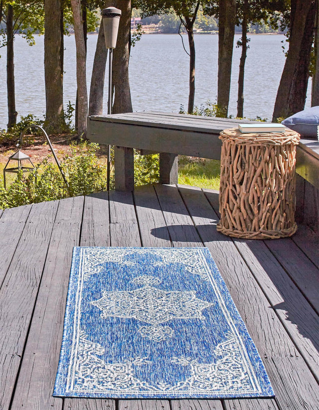 Blue 2' x 8' Outdoor Traditional Runner Area Rug Weather Resistant for Patio, Deck, Terrace, Balcony, Porch Classical Design Outside Carpet for Sale at Rug Engine