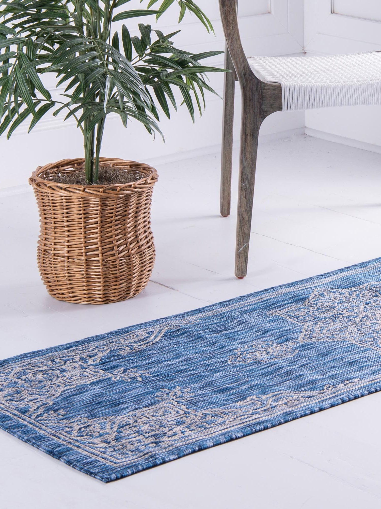 Blue 2' 7 x 10' Outdoor Traditional Runner Area Rug Weather Resistant for Patio, Deck, Terrace, Balcony, Porch Classical Design Outside Carpet for Sale at Rug Engine
