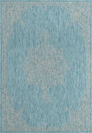 Light Aqua 7' 10 x 11' Outdoor Traditional Rectangle Area Rug Weather Resistant for Patio, Deck, Terrace, Balcony, Porch Classical Design Outside Carpet for Sale at Rug Engine