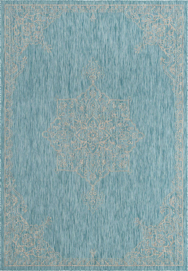 Light Aqua 7' 10 x 11' Outdoor Traditional Rectangle Area Rug Weather Resistant for Patio, Deck, Terrace, Balcony, Porch Classical Design Outside Carpet for Sale at Rug Engine