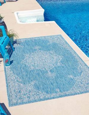 Light Aqua 7' 10 x 11' Outdoor Traditional Rectangle Area Rug Weather Resistant for Patio, Deck, Terrace, Balcony, Porch Classical Design Outside Carpet for Sale at Rug Engine