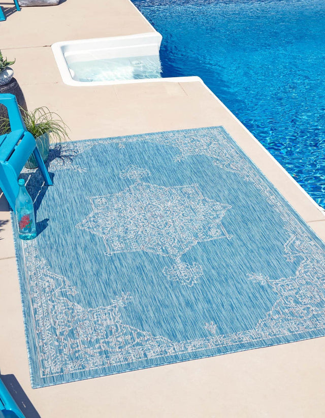 Light Aqua 6' 1 x 9' Outdoor Traditional Rectangle Area Rug Weather Resistant for Patio, Deck, Terrace, Balcony, Porch Classical Design Outside Carpet for Sale at Rug Engine
