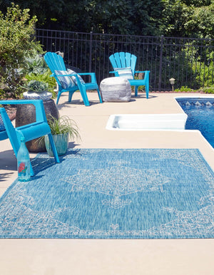 Light Aqua 5' 3 x 8' Outdoor Traditional Rectangle Area Rug Weather Resistant for Patio, Deck, Terrace, Balcony, Porch Classical Design Outside Carpet for Sale at Rug Engine