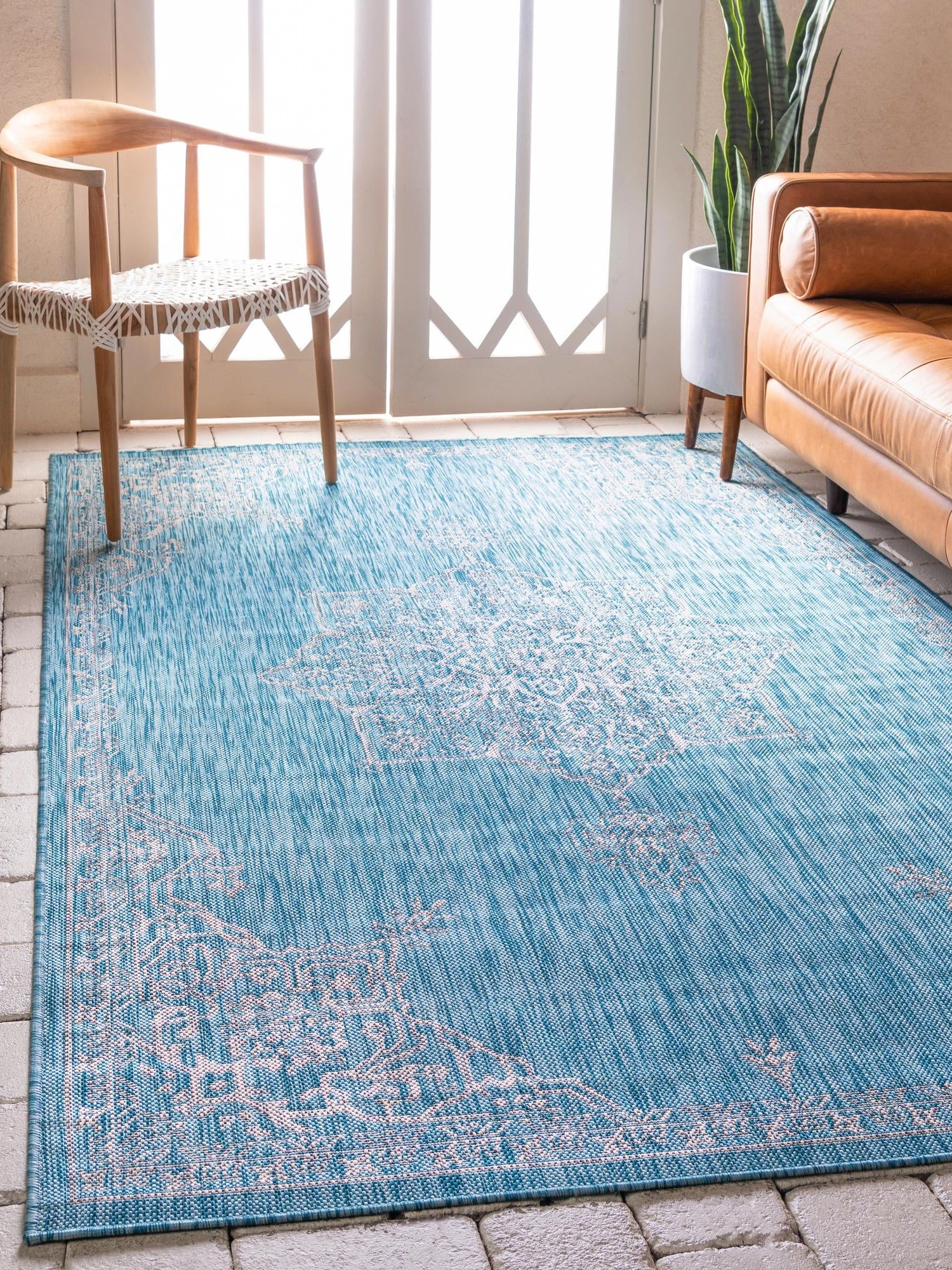 Light Aqua 7' 1 x 10' Outdoor Traditional Rectangle Area Rug Weather Resistant for Patio, Deck, Terrace, Balcony, Porch Classical Design Outside Carpet for Sale at Rug Engine
