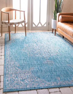 Light Aqua 5' 3 x 8' Outdoor Traditional Rectangle Area Rug Weather Resistant for Patio, Deck, Terrace, Balcony, Porch Classical Design Outside Carpet for Sale at Rug Engine