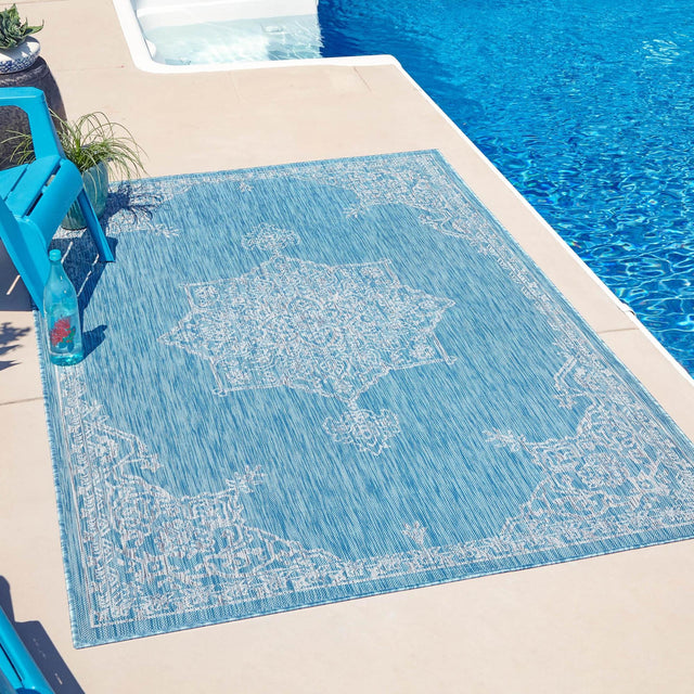 Light Aqua 9' x 12' Outdoor Traditional Rectangle Area Rug Weather Resistant for Patio, Deck, Terrace, Balcony, Porch Classical Design Outside Carpet for Sale at Rug Engine