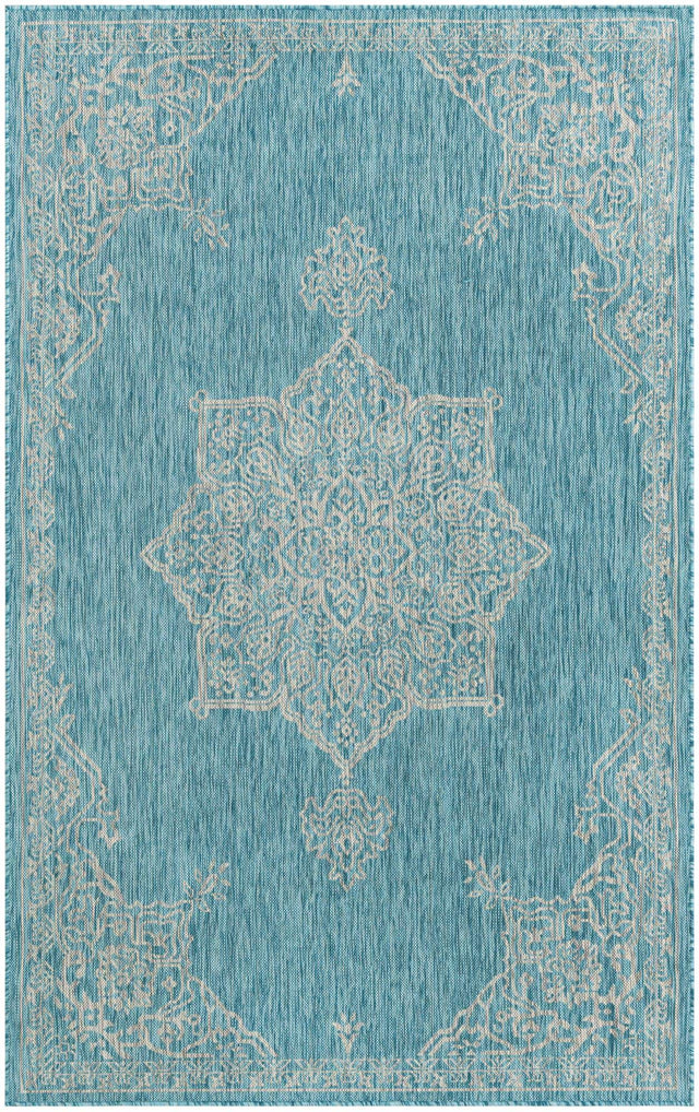 Light Aqua 5' 3 x 8' Outdoor Traditional Rectangle Area Rug Weather Resistant for Patio, Deck, Terrace, Balcony, Porch Classical Design Outside Carpet for Sale at Rug Engine