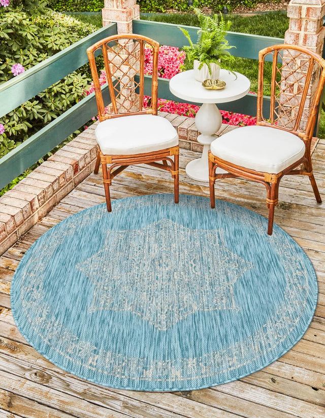 Light Aqua 4' 1 x 4' 1 Outdoor Traditional Round Area Rug Weather Resistant for Patio, Deck, Terrace, Balcony, Porch Classical Design Outside Carpet for Sale at Rug Engine