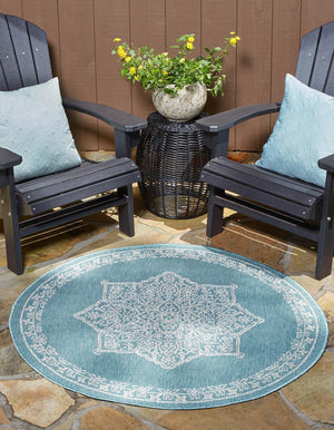 Light Aqua 4' 1 x 4' 1 Outdoor Traditional Round Area Rug Weather Resistant for Patio, Deck, Terrace, Balcony, Porch Classical Design Outside Carpet for Sale at Rug Engine