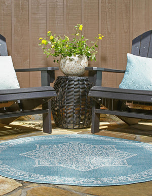 Light Aqua 4' 1 x 4' 1 Outdoor Traditional Round Area Rug Weather Resistant for Patio, Deck, Terrace, Balcony, Porch Classical Design Outside Carpet for Sale at Rug Engine