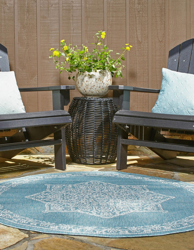 Light Aqua 4' 1 x 4' 1 Outdoor Traditional Round Area Rug Weather Resistant for Patio, Deck, Terrace, Balcony, Porch Classical Design Outside Carpet for Sale at Rug Engine