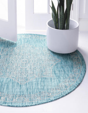 Light Aqua 4' 1 x 4' 1 Outdoor Traditional Round Area Rug Weather Resistant for Patio, Deck, Terrace, Balcony, Porch Classical Design Outside Carpet for Sale at Rug Engine