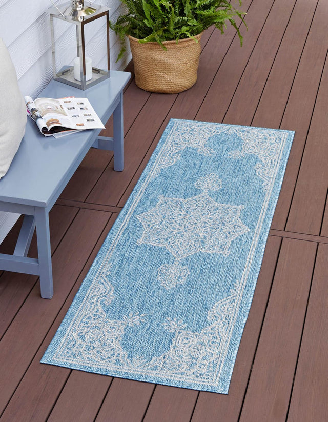 Light Aqua 2' x 6' 1 Outdoor Traditional Runner Area Rug Weather Resistant for Patio, Deck, Terrace, Balcony, Porch Classical Design Outside Carpet for Sale at Rug Engine