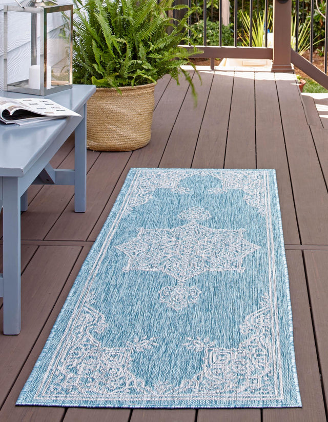 Light Aqua 2' x 6' 1 Outdoor Traditional Runner Area Rug Weather Resistant for Patio, Deck, Terrace, Balcony, Porch Classical Design Outside Carpet for Sale at Rug Engine