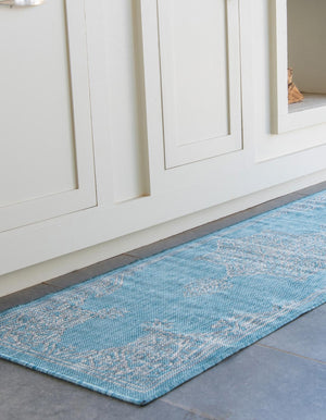 Light Aqua 2' x 6' 1 Outdoor Traditional Runner Area Rug Weather Resistant for Patio, Deck, Terrace, Balcony, Porch Classical Design Outside Carpet for Sale at Rug Engine