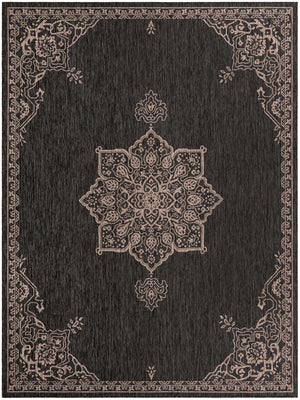 Charcoal Gray 9' x 12' Outdoor Traditional Rectangle Area Rug Weather Resistant for Patio, Deck, Terrace, Balcony, Porch Classical Design Outside Carpet for Sale at Rug Engine