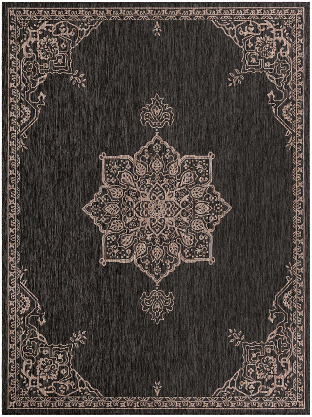Charcoal Gray 9' x 12' Outdoor Traditional Rectangle Area Rug Weather Resistant for Patio, Deck, Terrace, Balcony, Porch Classical Design Outside Carpet for Sale at Rug Engine