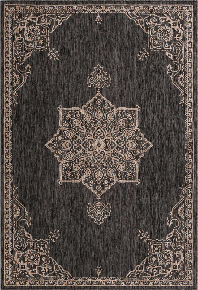 Charcoal Gray 7' 10 x 11' Outdoor Traditional Rectangle Area Rug Weather Resistant for Patio, Deck, Terrace, Balcony, Porch Classical Design Outside Carpet for Sale at Rug Engine