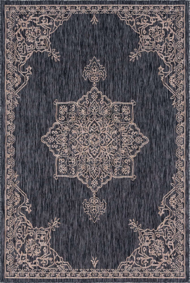 Charcoal Gray 6' 1 x 9' Outdoor Traditional Rectangle Area Rug Weather Resistant for Patio, Deck, Terrace, Balcony, Porch Classical Design Outside Carpet for Sale at Rug Engine