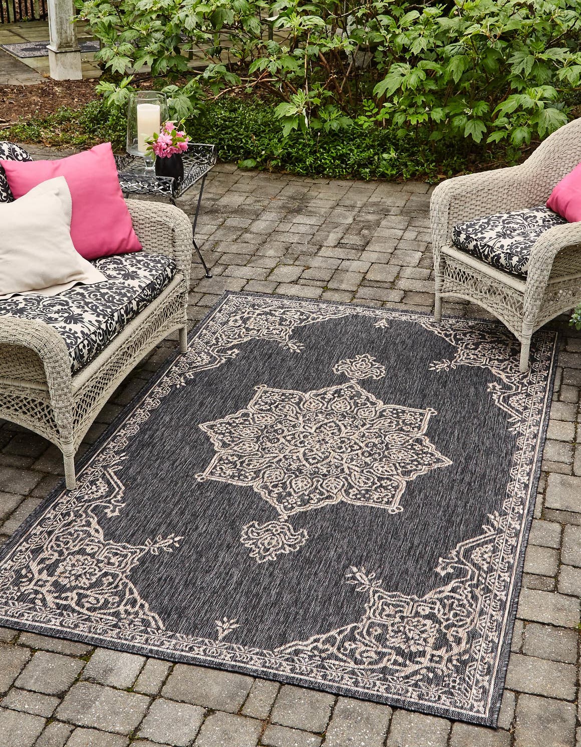 Charcoal Gray 4' 1 x 6' 1 Outdoor Traditional Rectangle Area Rug Weather Resistant for Patio, Deck, Terrace, Balcony, Porch Classical Design Outside Carpet for Sale at Rug Engine
