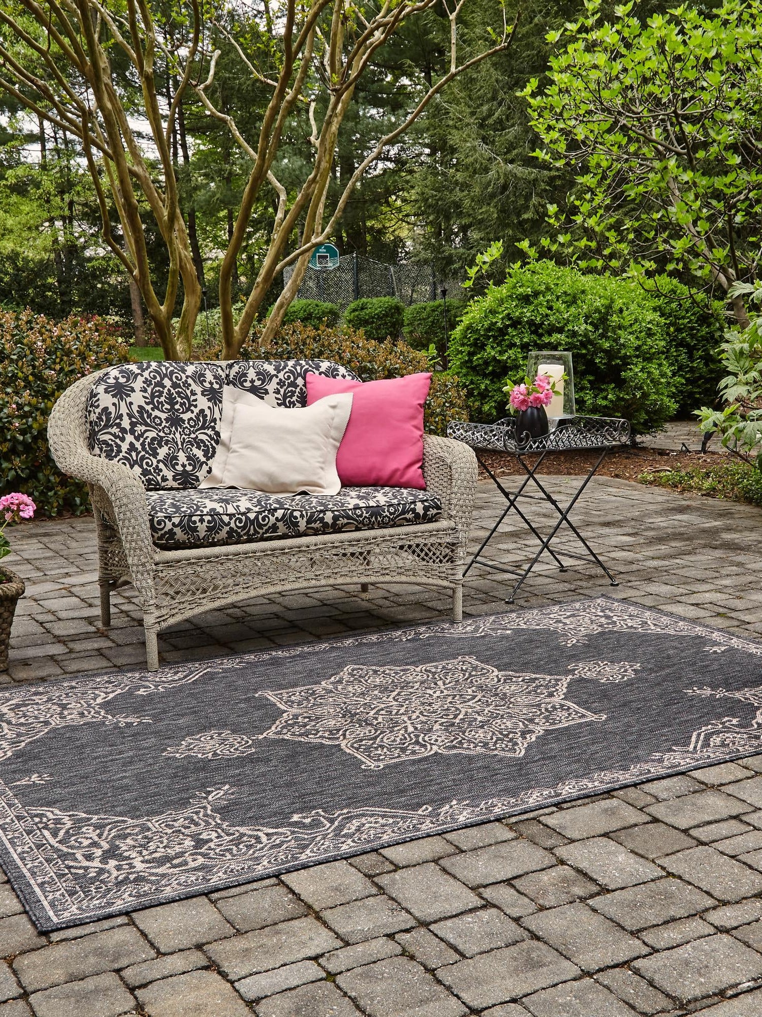 Charcoal Gray 5' 3 x 8' Outdoor Traditional Rectangle Area Rug Weather Resistant for Patio, Deck, Terrace, Balcony, Porch Classical Design Outside Carpet for Sale at Rug Engine