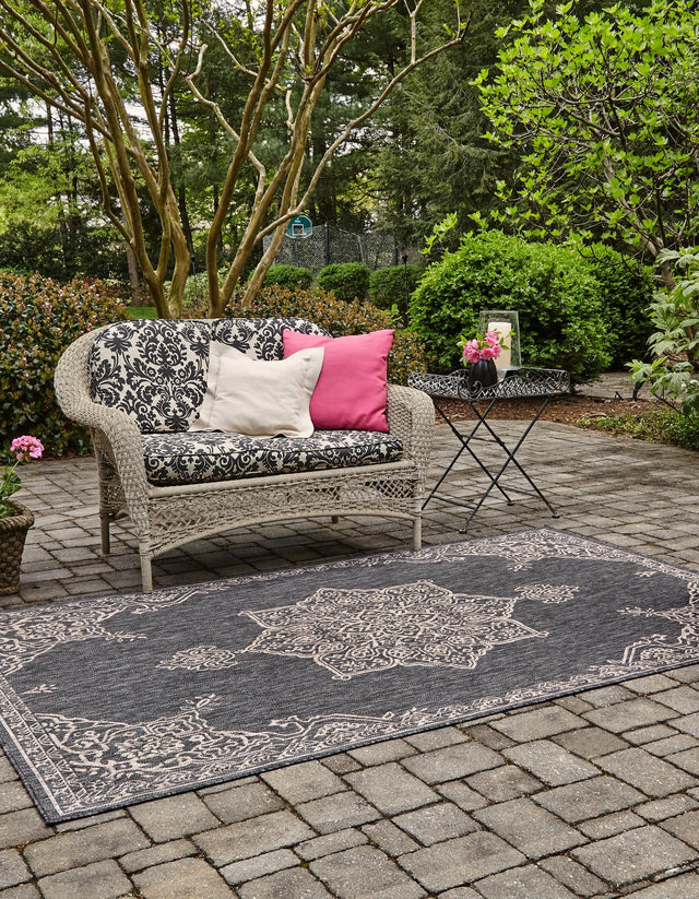 Charcoal Gray 6' 1 x 9' Outdoor Traditional Rectangle Area Rug Weather Resistant for Patio, Deck, Terrace, Balcony, Porch Classical Design Outside Carpet for Sale at Rug Engine