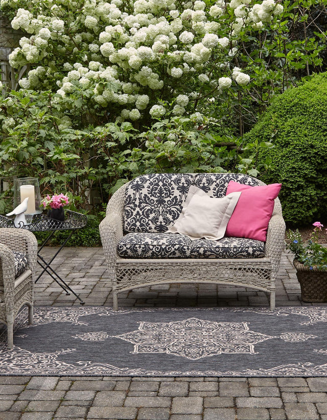 Charcoal Gray 7' 1 x 10' Outdoor Traditional Rectangle Area Rug Weather Resistant for Patio, Deck, Terrace, Balcony, Porch Classical Design Outside Carpet for Sale at Rug Engine