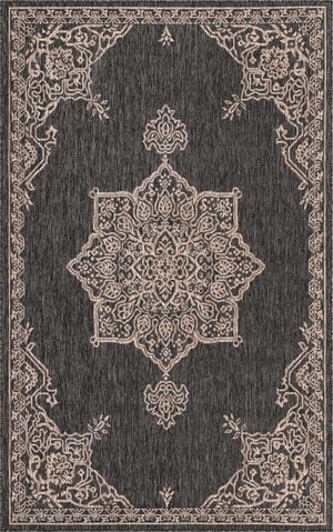 Charcoal Gray 5' 3 x 8' Outdoor Traditional Rectangle Area Rug Weather Resistant for Patio, Deck, Terrace, Balcony, Porch Classical Design Outside Carpet for Sale at Rug Engine