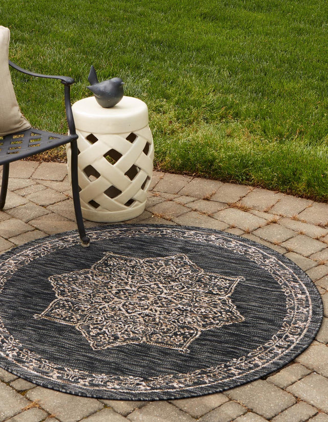 Charcoal Gray 13' 1 x 13' 1 Outdoor Traditional Round Area Rug Weather Resistant for Patio, Deck, Terrace, Balcony, Porch Classical Design Outside Carpet for Sale at Rug Engine