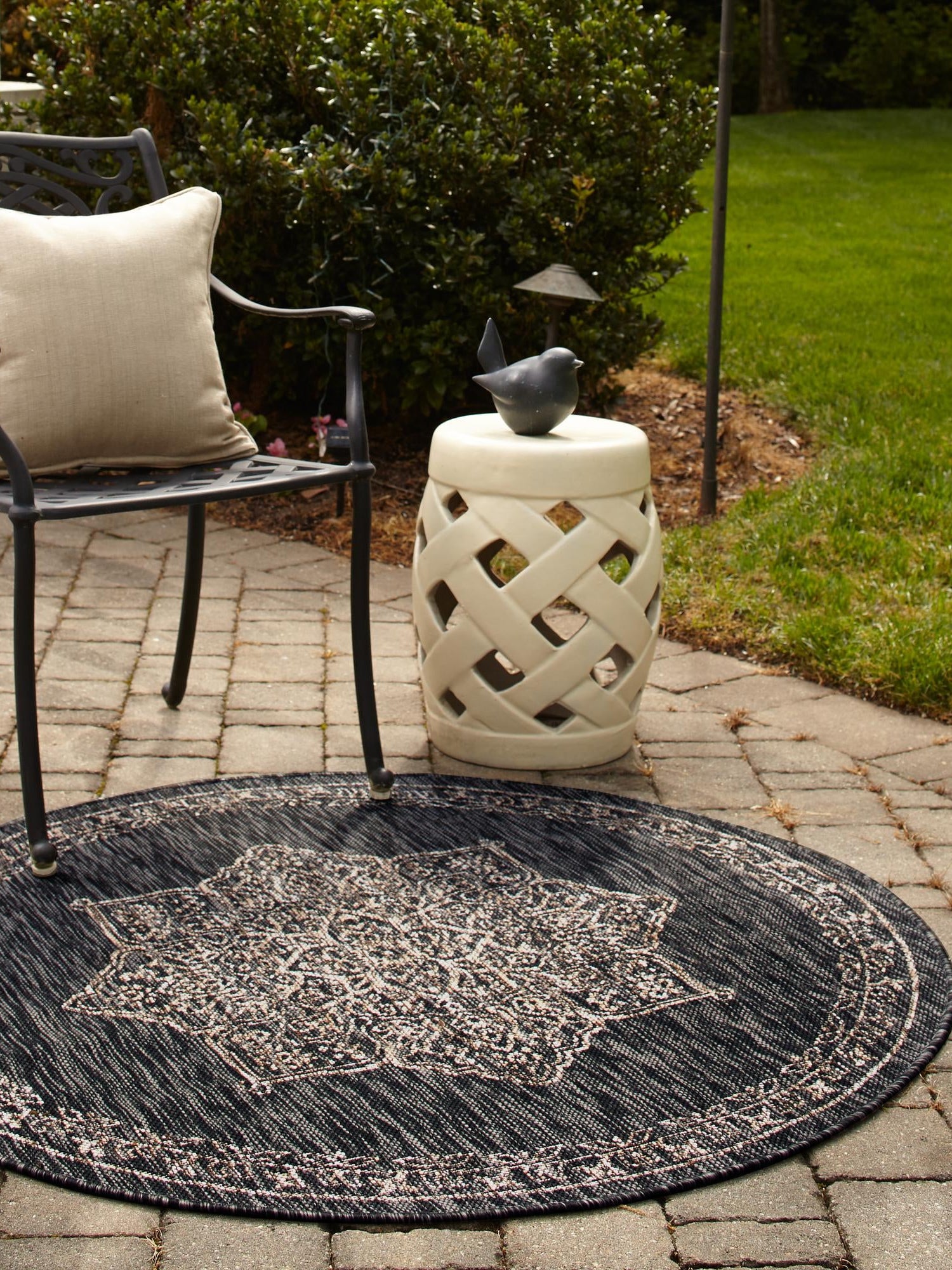 Charcoal Gray 11' x 11' Outdoor Traditional Round Area Rug Weather Resistant for Patio, Deck, Terrace, Balcony, Porch Classical Design Outside Carpet for Sale at Rug Engine
