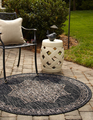 Charcoal Gray 10' x 10' Outdoor Traditional Round Area Rug Weather Resistant for Patio, Deck, Terrace, Balcony, Porch Classical Design Outside Carpet for Sale at Rug Engine