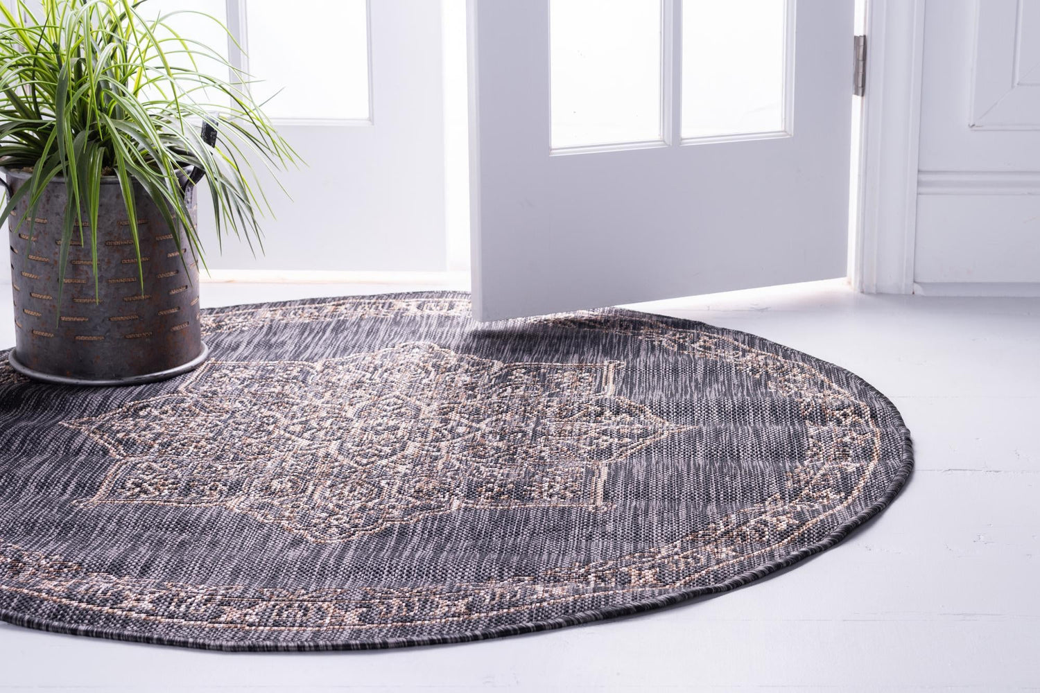 Charcoal Gray 10' x 10' Outdoor Traditional Round Area Rug Weather Resistant for Patio, Deck, Terrace, Balcony, Porch Classical Design Outside Carpet for Sale at Rug Engine