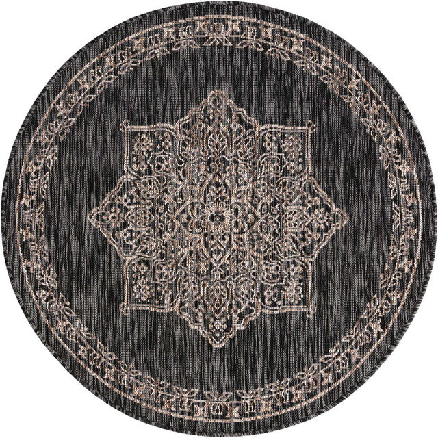 Charcoal Gray 4' 1 x 4' 1 Outdoor Traditional Round Area Rug Weather Resistant for Patio, Deck, Terrace, Balcony, Porch Classical Design Outside Carpet for Sale at Rug Engine