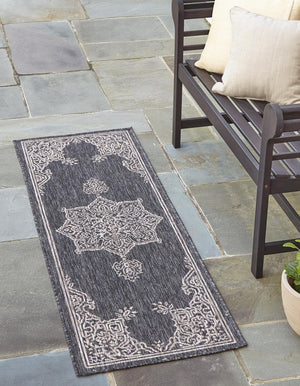Charcoal Gray 2' x 6' 1 Outdoor Traditional Runner Area Rug Weather Resistant for Patio, Deck, Terrace, Balcony, Porch Classical Design Outside Carpet for Sale at Rug Engine