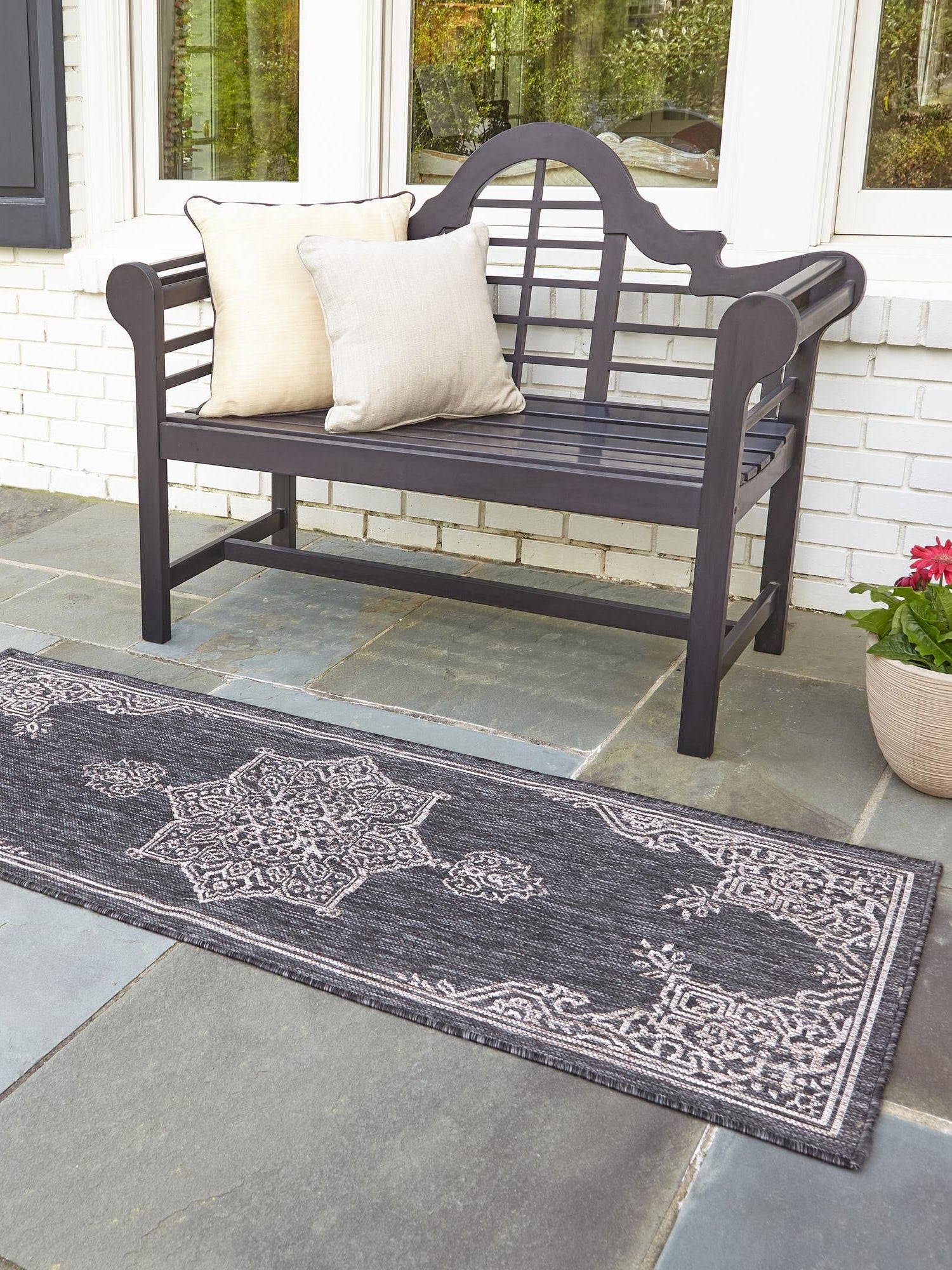 Charcoal Gray 2' x 6' 1 Outdoor Traditional Runner Area Rug Weather Resistant for Patio, Deck, Terrace, Balcony, Porch Classical Design Outside Carpet for Sale at Rug Engine