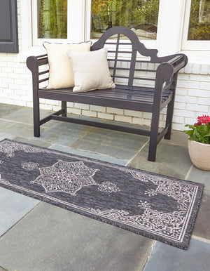 Charcoal Gray 2' x 6' 1 Outdoor Traditional Runner Area Rug Weather Resistant for Patio, Deck, Terrace, Balcony, Porch Classical Design Outside Carpet for Sale at Rug Engine