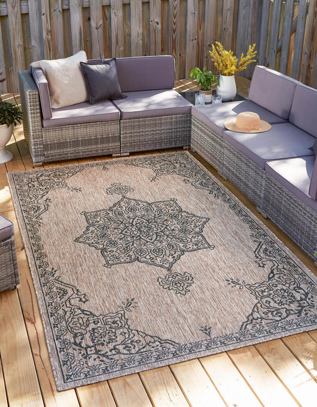 Beige 4' 1 x 6' 1 Outdoor Traditional Rectangle Area Rug Weather Resistant for Patio, Deck, Terrace, Balcony, Porch Classical Design Outside Carpet for Sale at Rug Engine