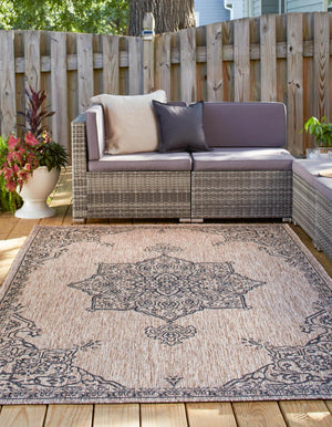 Beige 7' 10 x 11' Outdoor Traditional Rectangle Area Rug Weather Resistant for Patio, Deck, Terrace, Balcony, Porch Classical Design Outside Carpet for Sale at Rug Engine