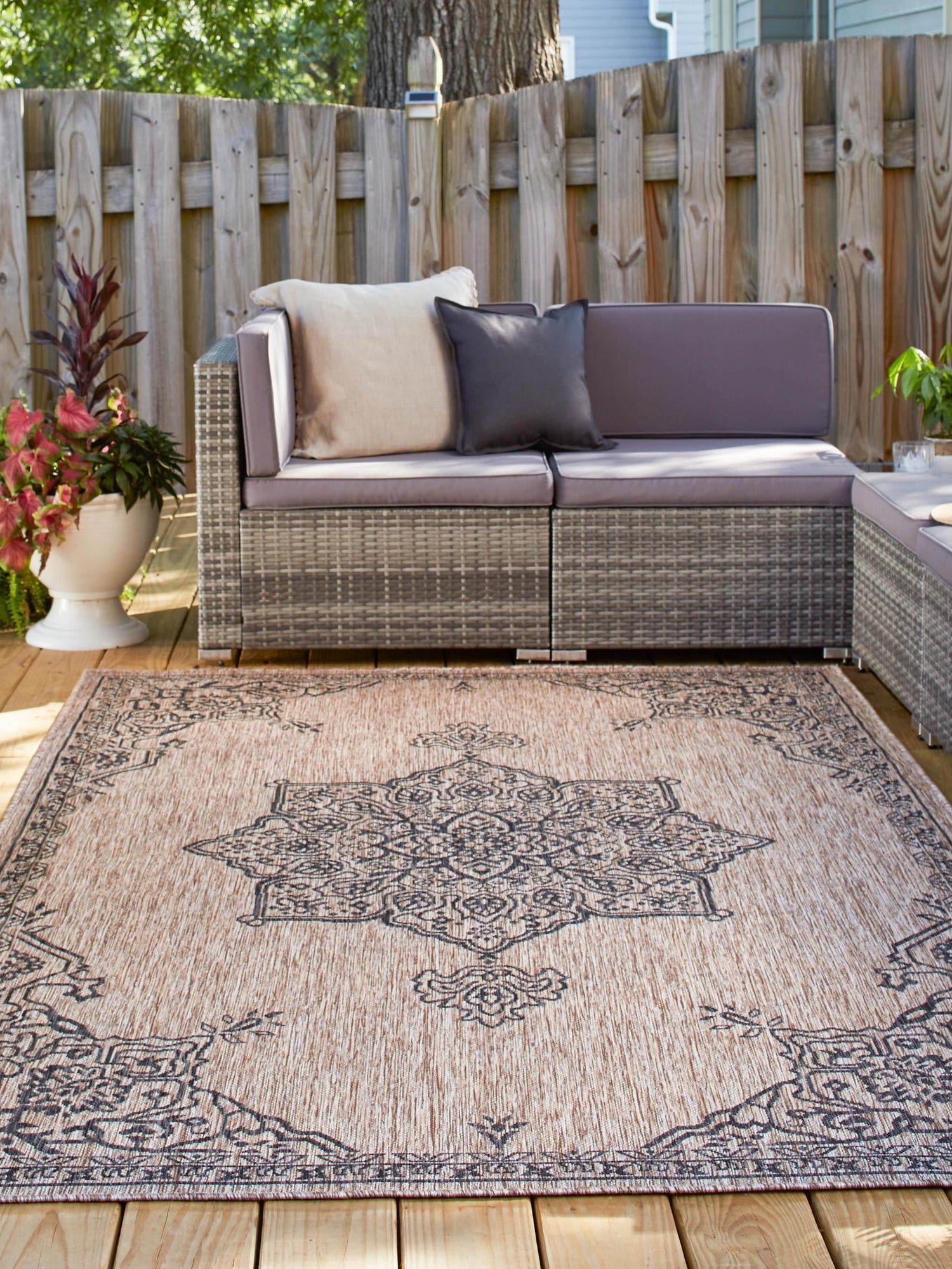 Beige 5' 3 x 8' Outdoor Traditional Rectangle Area Rug Weather Resistant for Patio, Deck, Terrace, Balcony, Porch Classical Design Outside Carpet for Sale at Rug Engine