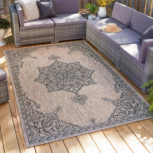 Beige 7' 10 x 11' Outdoor Traditional Rectangle Area Rug Weather Resistant for Patio, Deck, Terrace, Balcony, Porch Classical Design Outside Carpet for Sale at Rug Engine