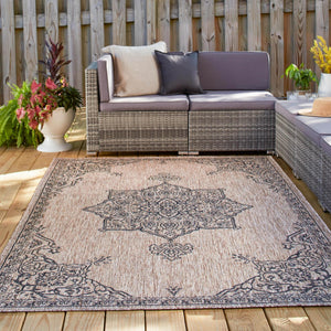 Beige 7' 10 x 11' Outdoor Traditional Rectangle Area Rug Weather Resistant for Patio, Deck, Terrace, Balcony, Porch Classical Design Outside Carpet for Sale at Rug Engine