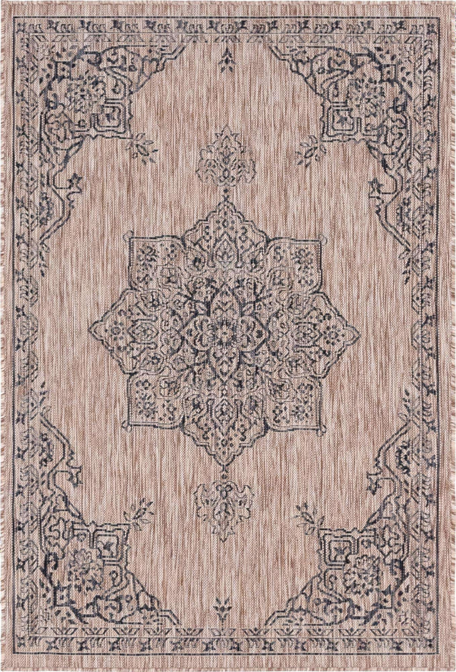 Beige 4' 1 x 6' 1 Outdoor Traditional Rectangle Area Rug Weather Resistant for Patio, Deck, Terrace, Balcony, Porch Classical Design Outside Carpet for Sale at Rug Engine
